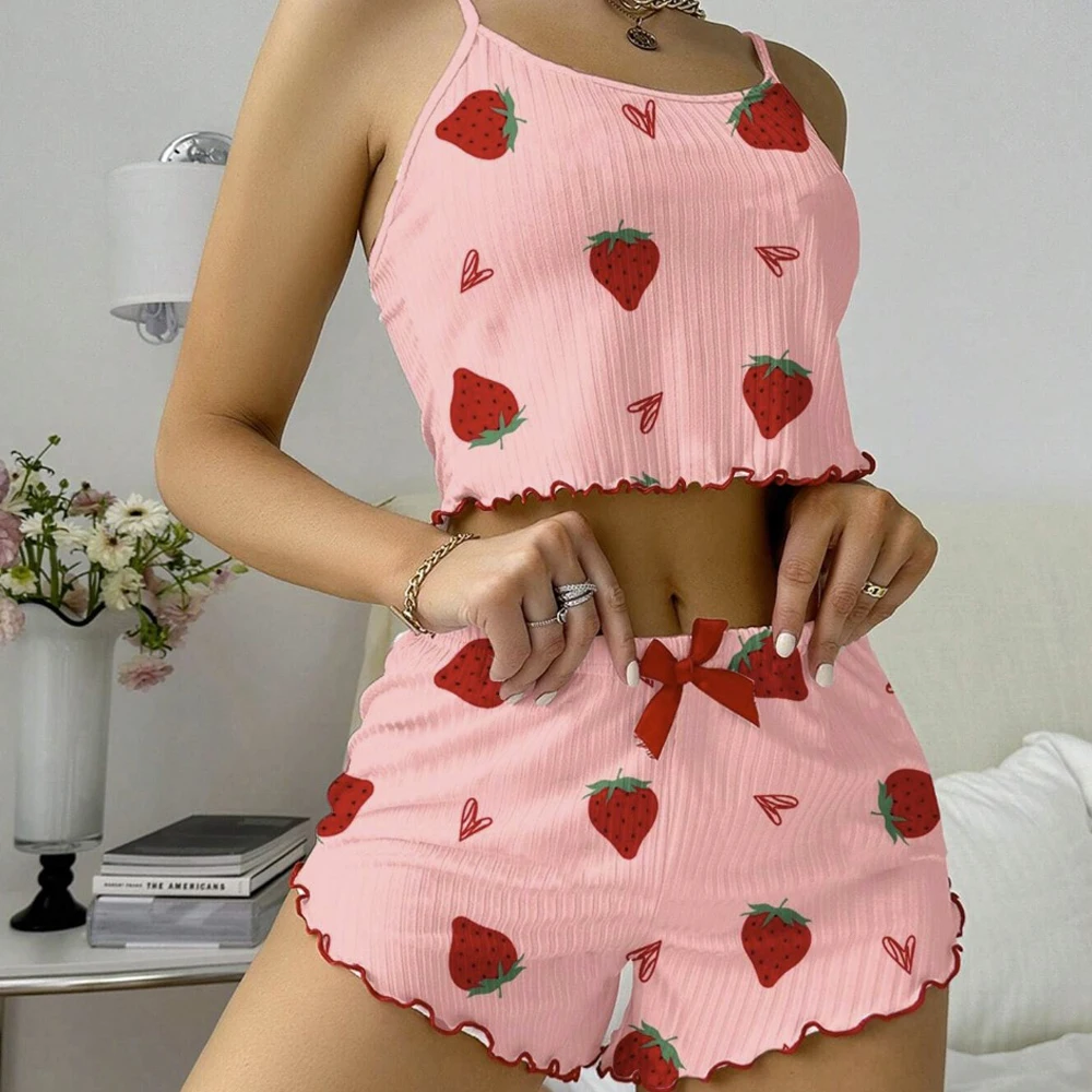 Female Girl Pajamas 2 PCS Set Strawberries Printing Soft Ribbed Fabric Ventilate Soft Trim Casual Top and Shorts Loungewear women pajamas set cotton pajamas set