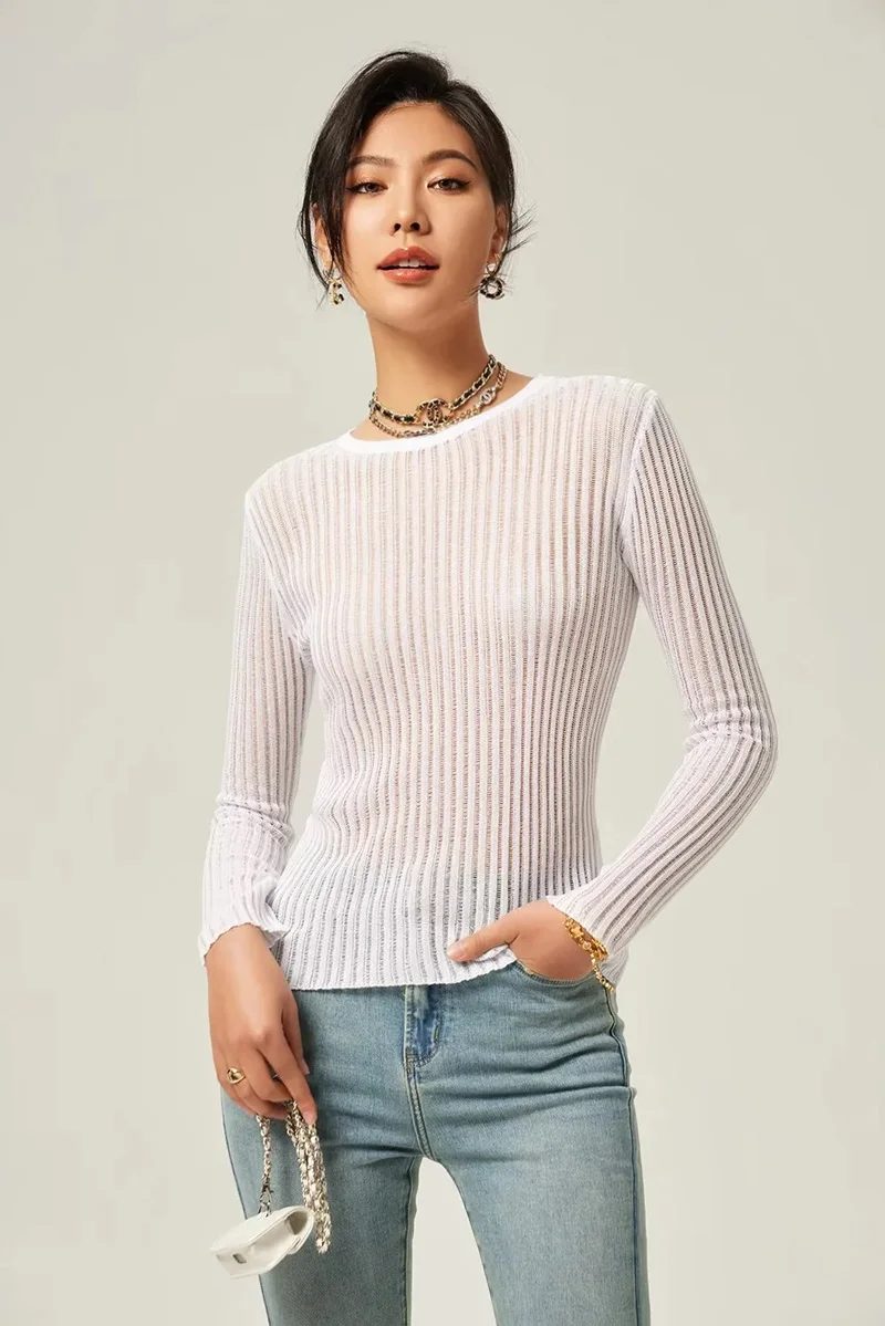 Women’s Sheer Ribbed Round Neck Knit Jumper