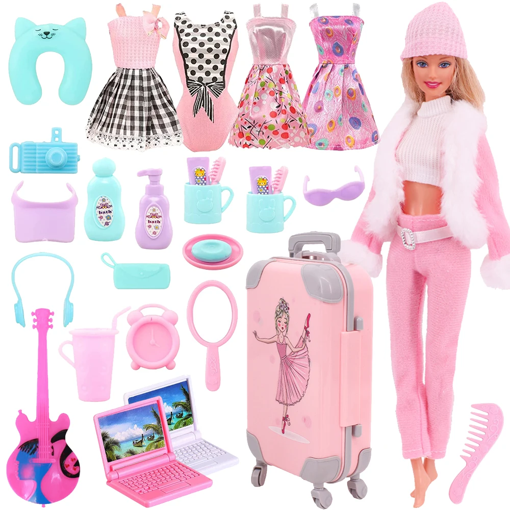 Pink 37 Pieces Barbies Doll Clothes Shoes Accessories Travel Suitcase