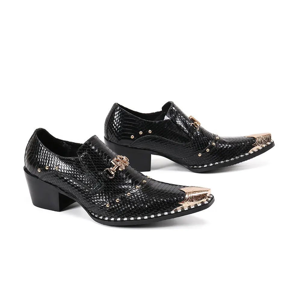 New Men 's Business Casual Leather Snake Scale Pointed High Heel Trend Hair Stylist Leather Shoes