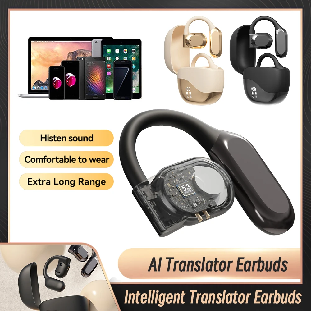 Real Time AI Translator Earbuds Bluetooth-Compatible 5.4 Ear Hook Smart Voice Translator Headset for Business Travel