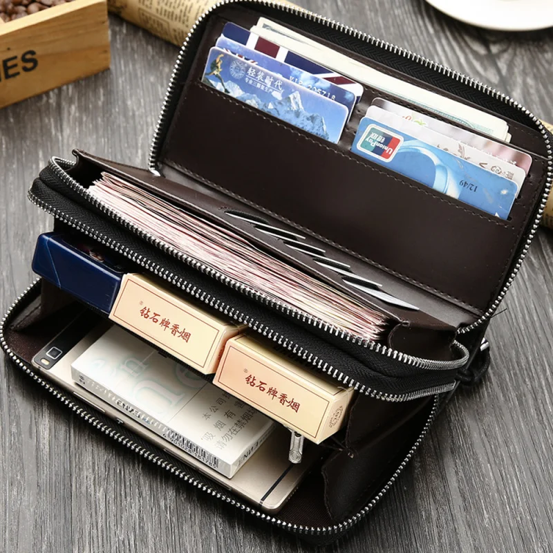 Genuine Top Layer Cowhide Men's Handbag Dual Zipper Wallet Phone Card Holder Multi-functional Clutch