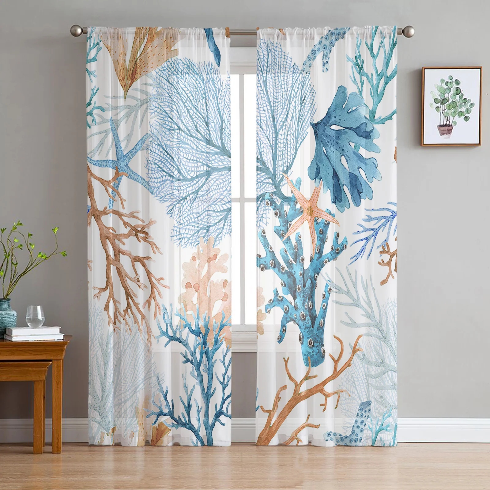 

Summer Beach Sea Life Coral Sheer Curtains for Living Room Bedroom Kids Room Tulle Window Treatment Drapes