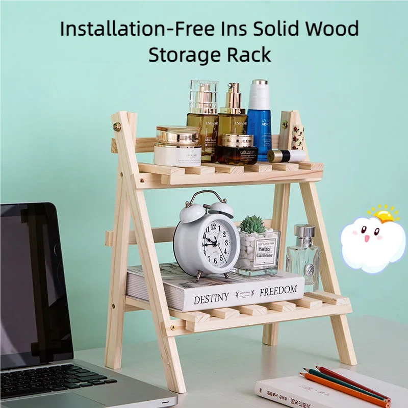 

No installation of solid wood double-layer desktop shelf Dormitory bedroom decoration desk storage rack arrangement rack succule