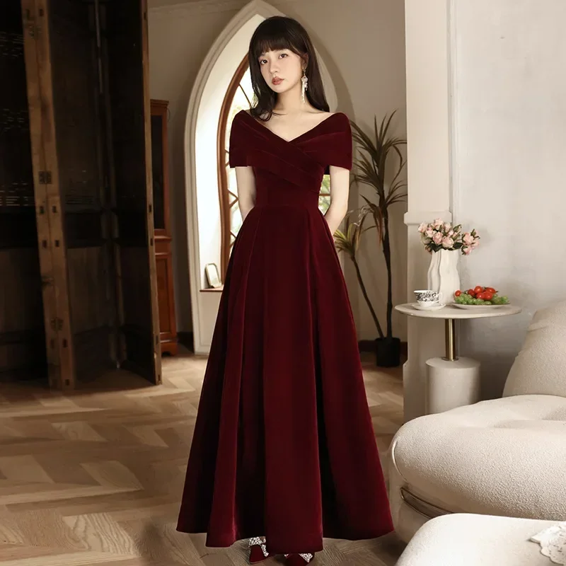 Vneck Wine Red Evening Dresses for Women Elegant Solid Velour Formal