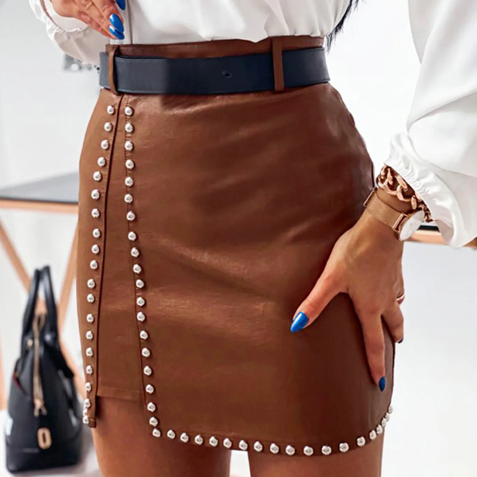 

Women's Fashion Streetwear Slit A Line PU Half Body Skirt Studded Decor High Waist Mini Skirt PU Leather Half Body Skirt