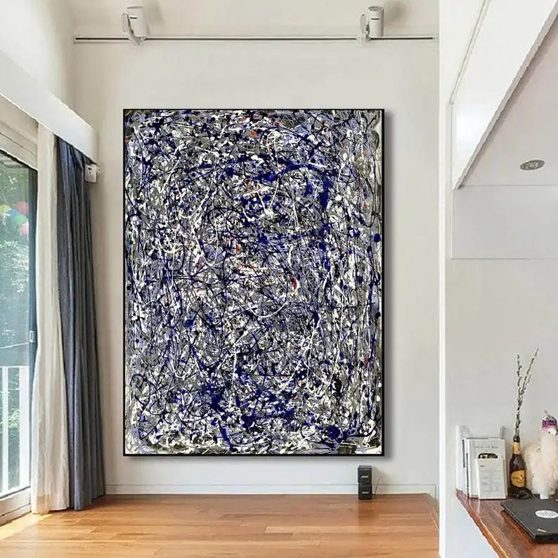 Blue Painting Pollock Minimalist Modern Painting Wall Art Canvas Abstract Painting Original Large Expressionist Painting Wall