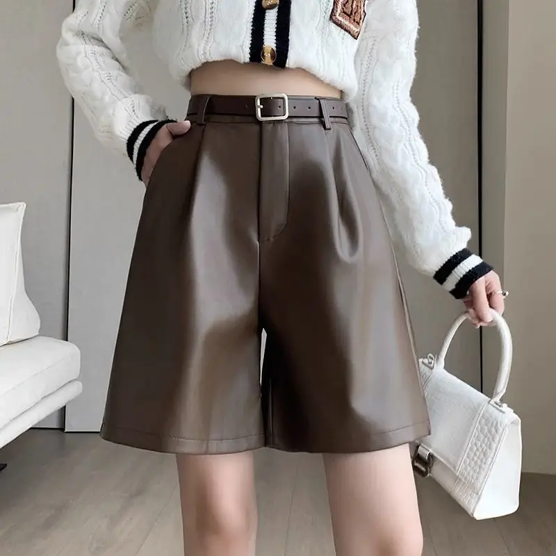 Women's Solid Color 2023 Autumn and Winter Loose High-waisted Zipper Button Leather Shorts Pockets Folds Casual Straight Pants