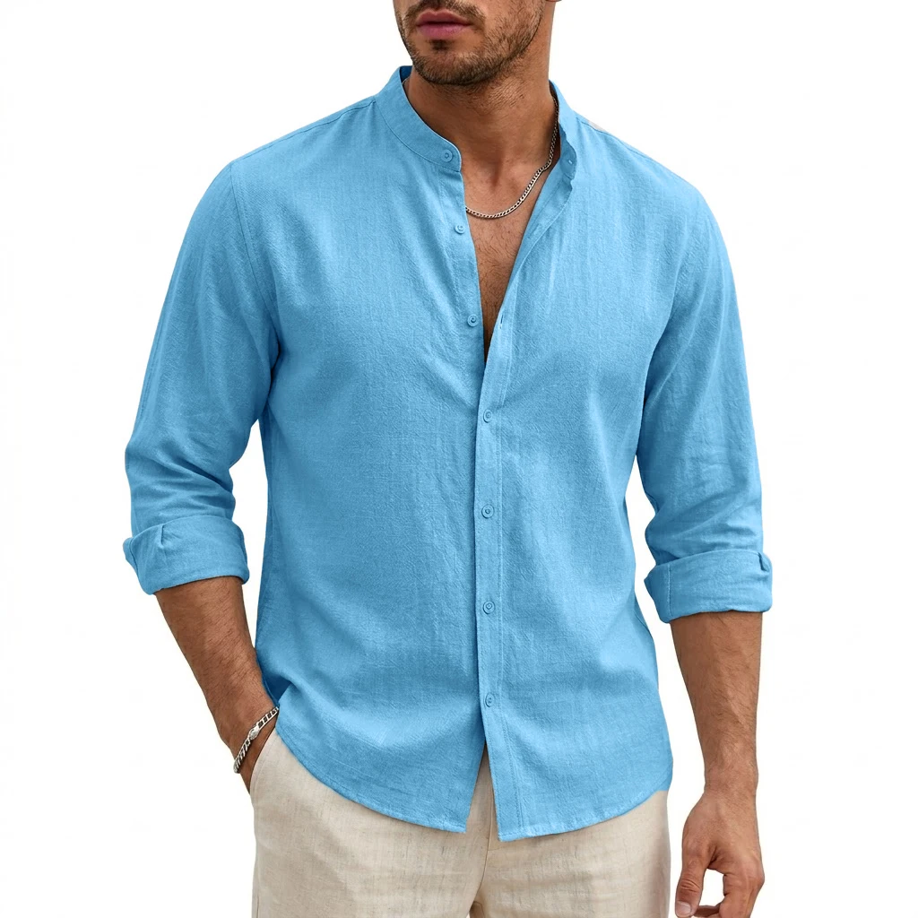 Men's Linen Beach Shirt Premium Lightweight Long-Sleeve Cotton Button-Down 6
