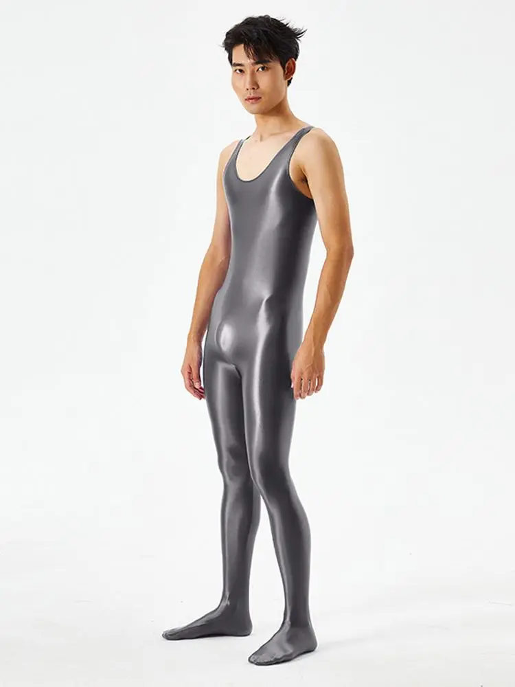 Unisex Sleeveless Tank Pantyhose Bodystocking Shiny Catsuit Leotard Conjoined Close Open Crotch Bodysuit Sexy Lingerie Leotard
