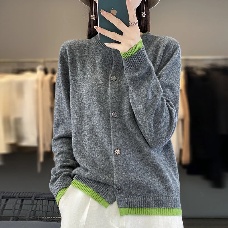 

Women Autumn Winter Wool Blend Sweater O-neck Thicken Knitted Splicing Contrasting Colors Cardigan Basis ​Top Female Coat
