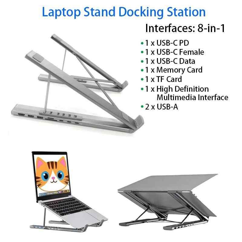 8 IN 1 노트북 스탠드 도킹 스테이션 알루미늄 합금 접이식 및 높이 조절 가능 USB-C 도킹 스테이션