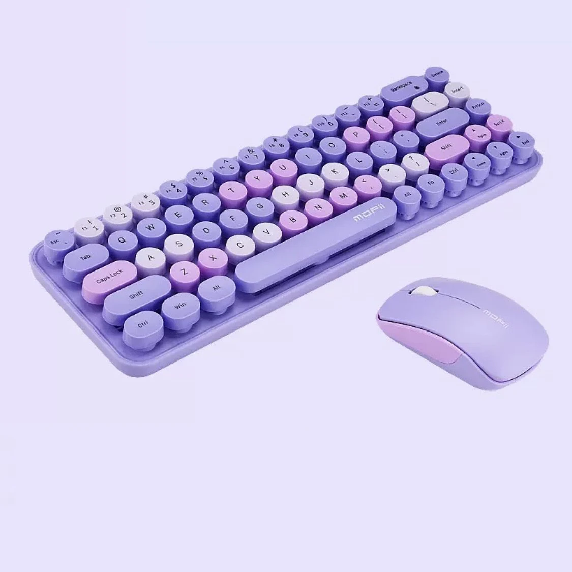 MOFII Tastiera wireless e mouse combinata, silenziosa tastiera retrò per macchina da scrivere full size e mouse 3 DPI, 2,4 G, graziosa tastiera estetica wireless set per PC, laptop, Windows (viola