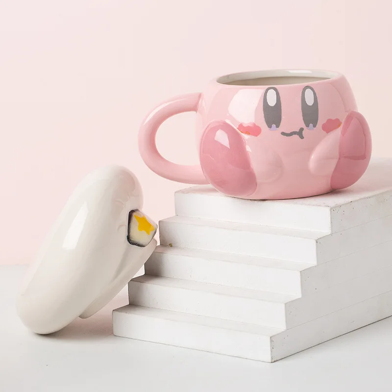 New Kawaii Star Kirby Ceramic Cup with Spoon Cover Anime 350Ml