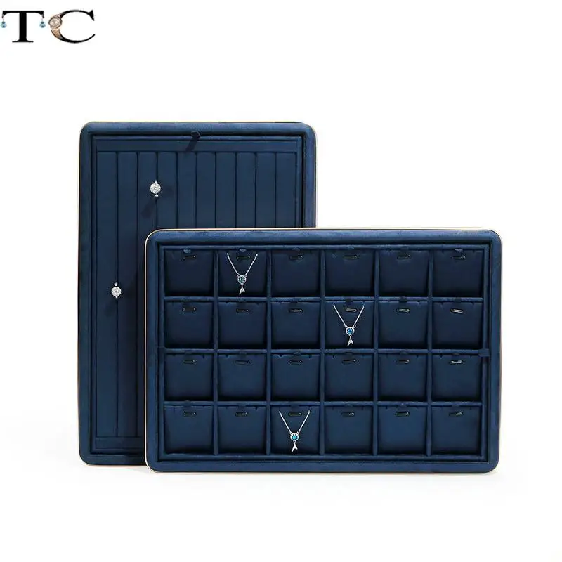 Jewelry Display Tray Gold Metal Covered Ring Necklace Display Tray Dark Blue Microfiber Can Any Combination Tray