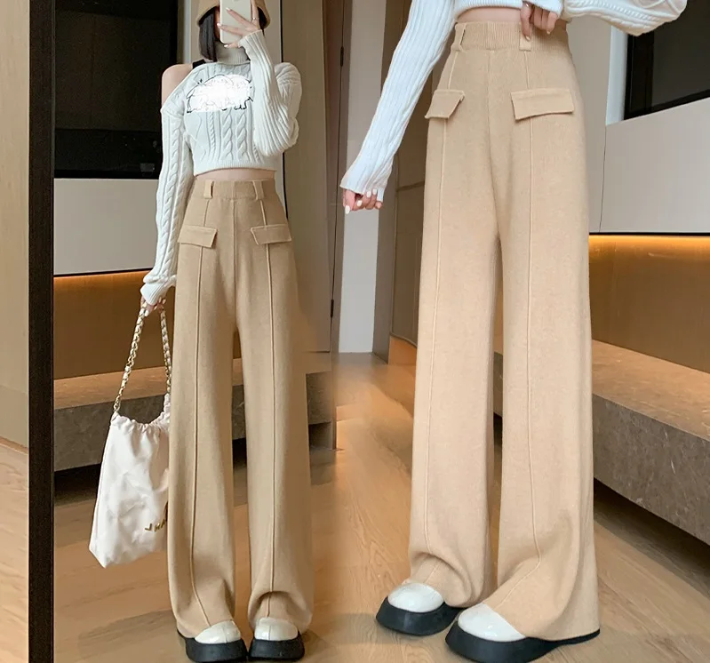 Knitted casual pants for children in autumn and winter 2023, new thickened high waisted draped and lazy style wide leg mop pants