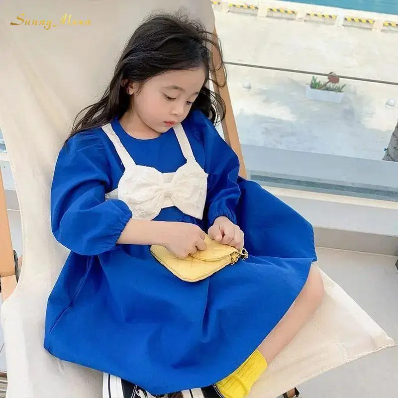 

Baby Girl Fashion Cotton Spring Klein Blue Infant Toddler Bow Decorated Princess Style Fake Two Pieces Dress Long Sleeve 1-10Y