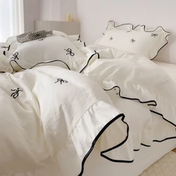 Elegant Bow Embroidery Ruffled Bedding Set - 3-Piece Duvet Cover and Pillowcases Combo - 260x240cm3pcs (White)