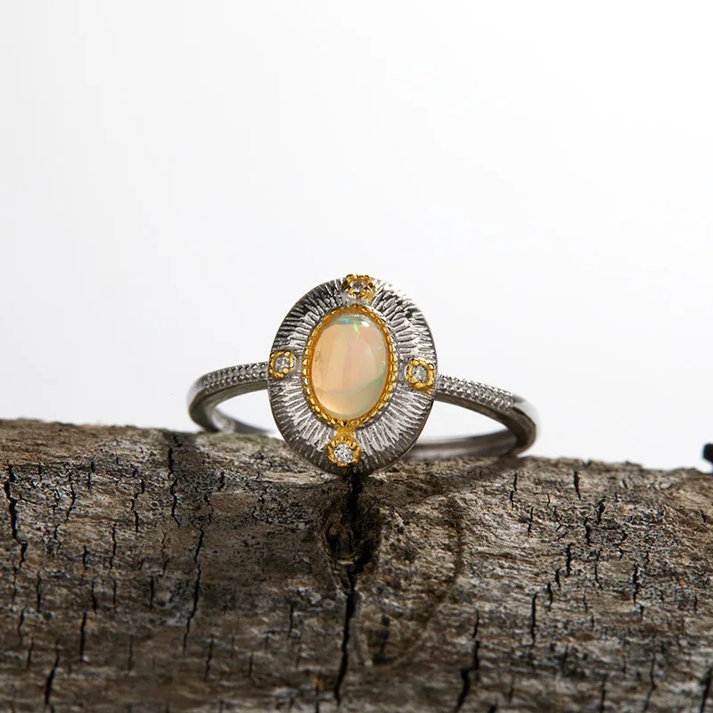 

100% 925 Sterling Silver Natural Opal Geometric Open Ring for Women Girl Simple Elliptic Design Jewelry Party Gift Dropshipping