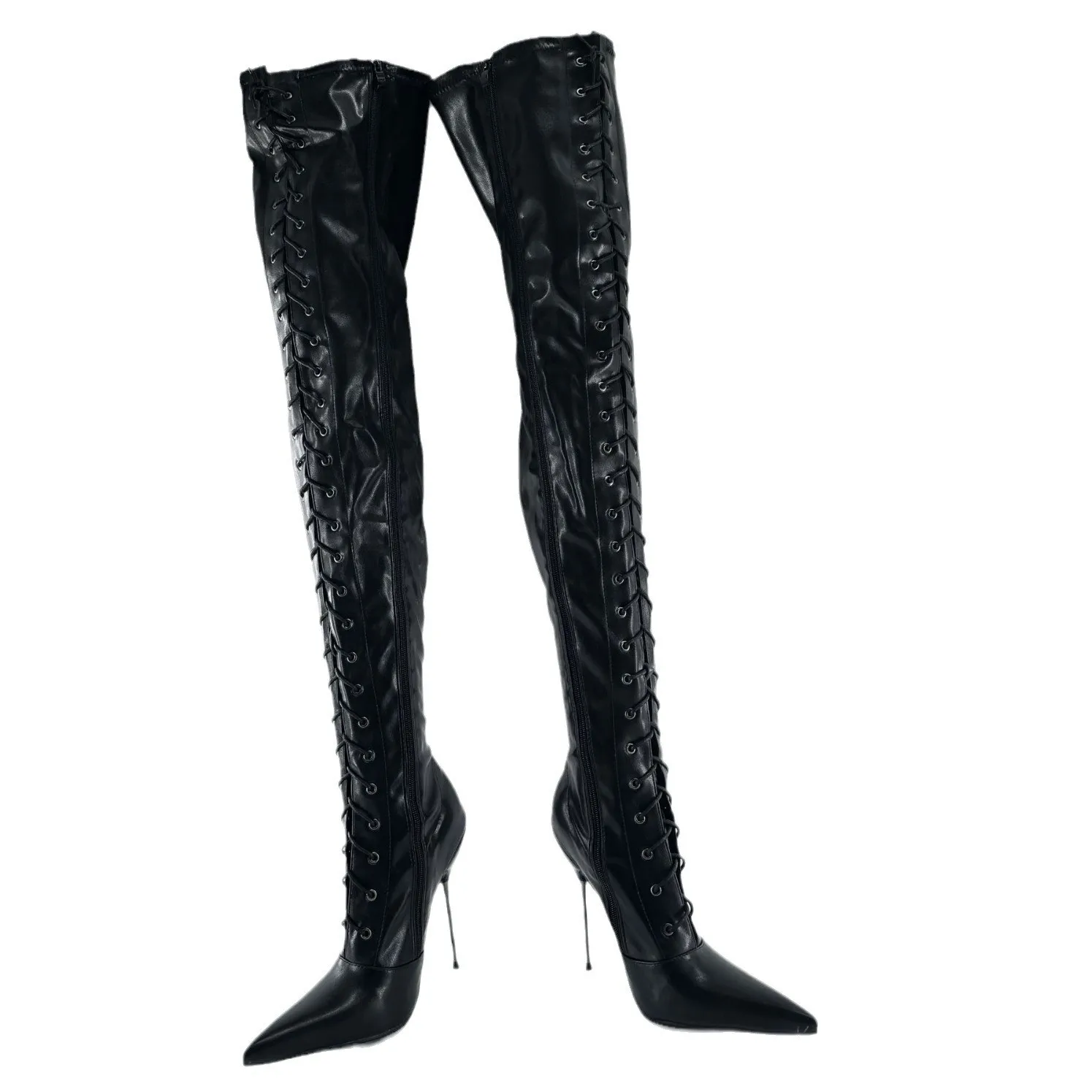European and n sexy long pointed high-heeled over-the-knee boots shiny thin-heeled thigh boots steel pipe dancing shoes large si