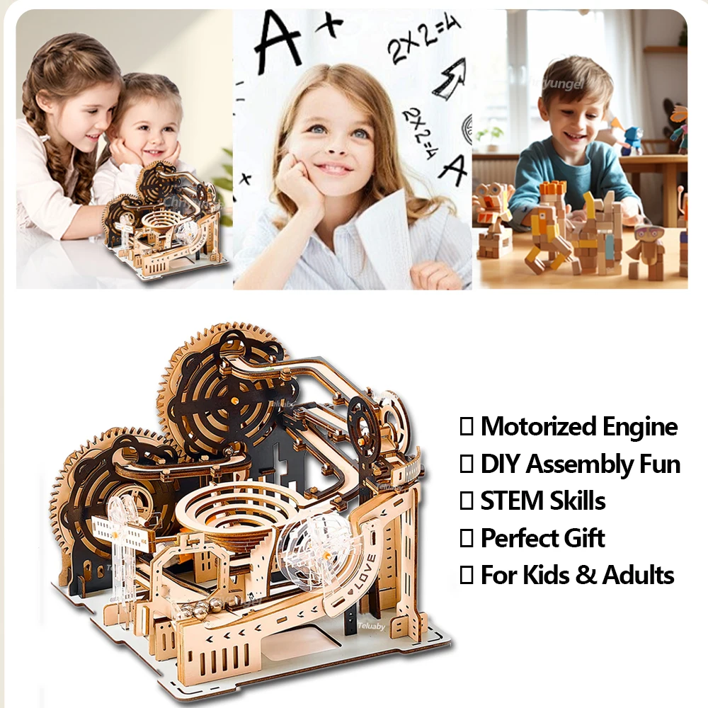 3D 나무 퍼즐 빌딩 모델 키트 전동 마블 런 STEM 교육용 건설 장난감 어린이 및 성인 선물