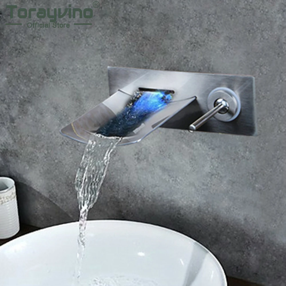 

Torayvino LED Bathroom Faucet Waterfall Vanity Vessel Torneira Brushed Nickel Faucets Wall Mounted Hot and Cold Sink Mixer Tap