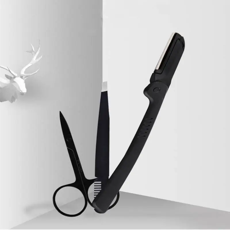 3 Pcs Eyebrow Tweezers Razor Scissors Professional Eyebrow Grooming Kit Stainless Steel Trimmer