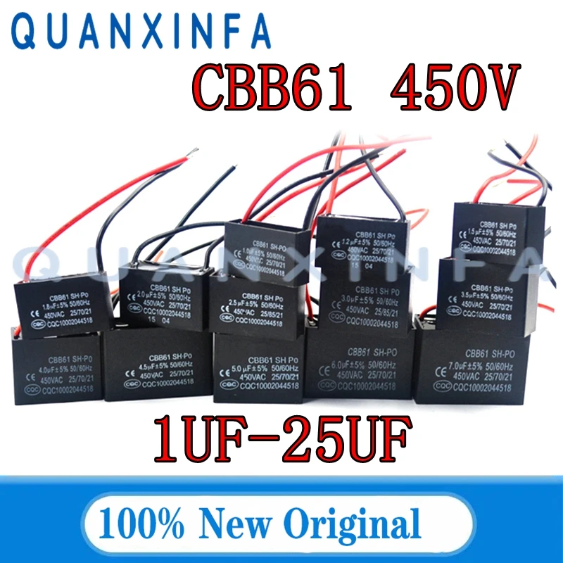 CBB61 450V Fan Start Capacitor 1uF 1.2uF 1.5uF 1.8uF 2.0uF 2.5uF 3.0uF 3.5uF 4.0uF 4.5uF 5.0uF 6.0uF 8.0uF 10uF 15uF 20uF 25uF
