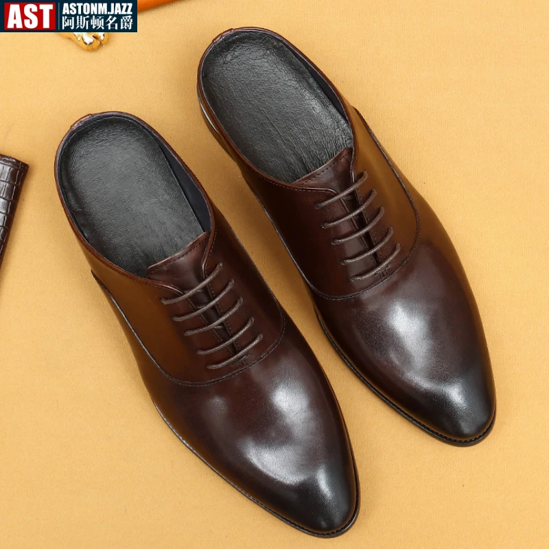 Italian Mens Half Shoes Luxury Handmade Genuine Leather Summer Retro Black Office Business Sandals Social Slippers for Male