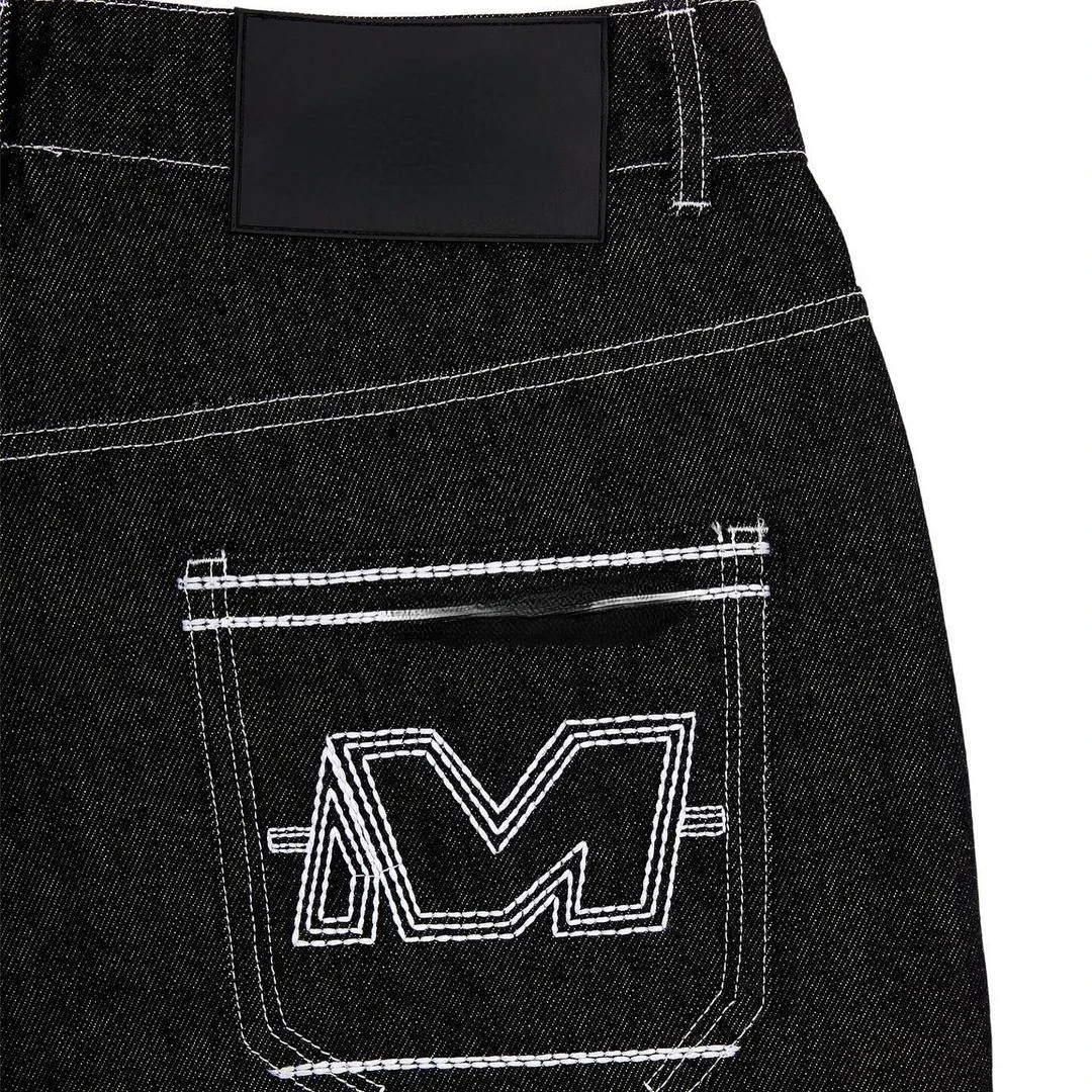 Streetwear Mens Womens Jeans Gothic Hip Hop Demon Skull Embroidered Trousers Harajuku Casual Fashion Straight Baggy Jeans Shorts