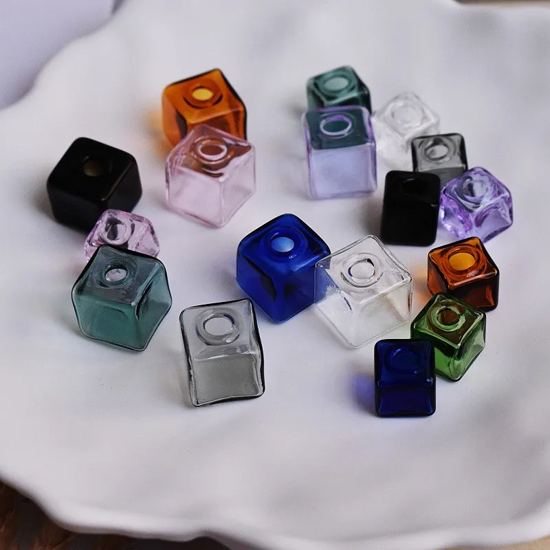 5/10X 10mm 컬러 속이 빈 유리 사각형, 하나의 구멍이 있는 유리 버블 바이알, 유리 구체, 보석 부자재, 유리 로켓 액세서리