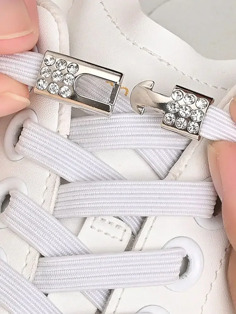 Fashion Elastic No Tie Shoelaces Rhinestone Cross Lock Tieless Shoelace Flat Shoe Laces Suitable for Sneakers and Athletic Shoes