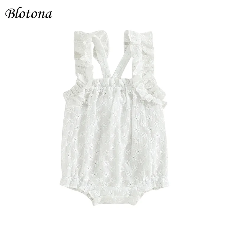 

Blotona Baby Girl Sleeveless Romper Hollowed Floral Print Summer Ruffle Jumpsuit for Newborn Toddler Cute Clothes 0-12Months