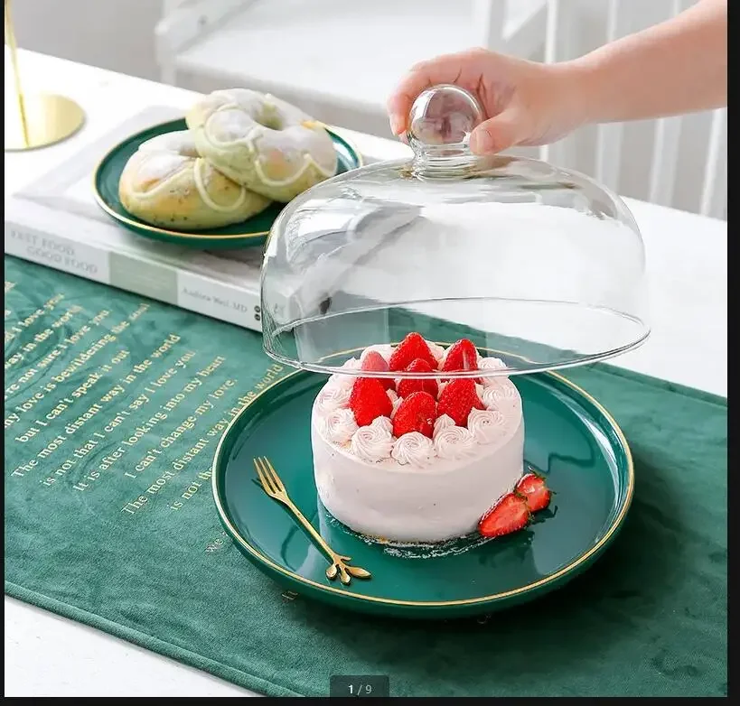 Green Ceramic Cake Pan Glass Cover Round Fruit Plate Cake Stand Snack Dessert Plate Decorative Display Tray Transparent Cover