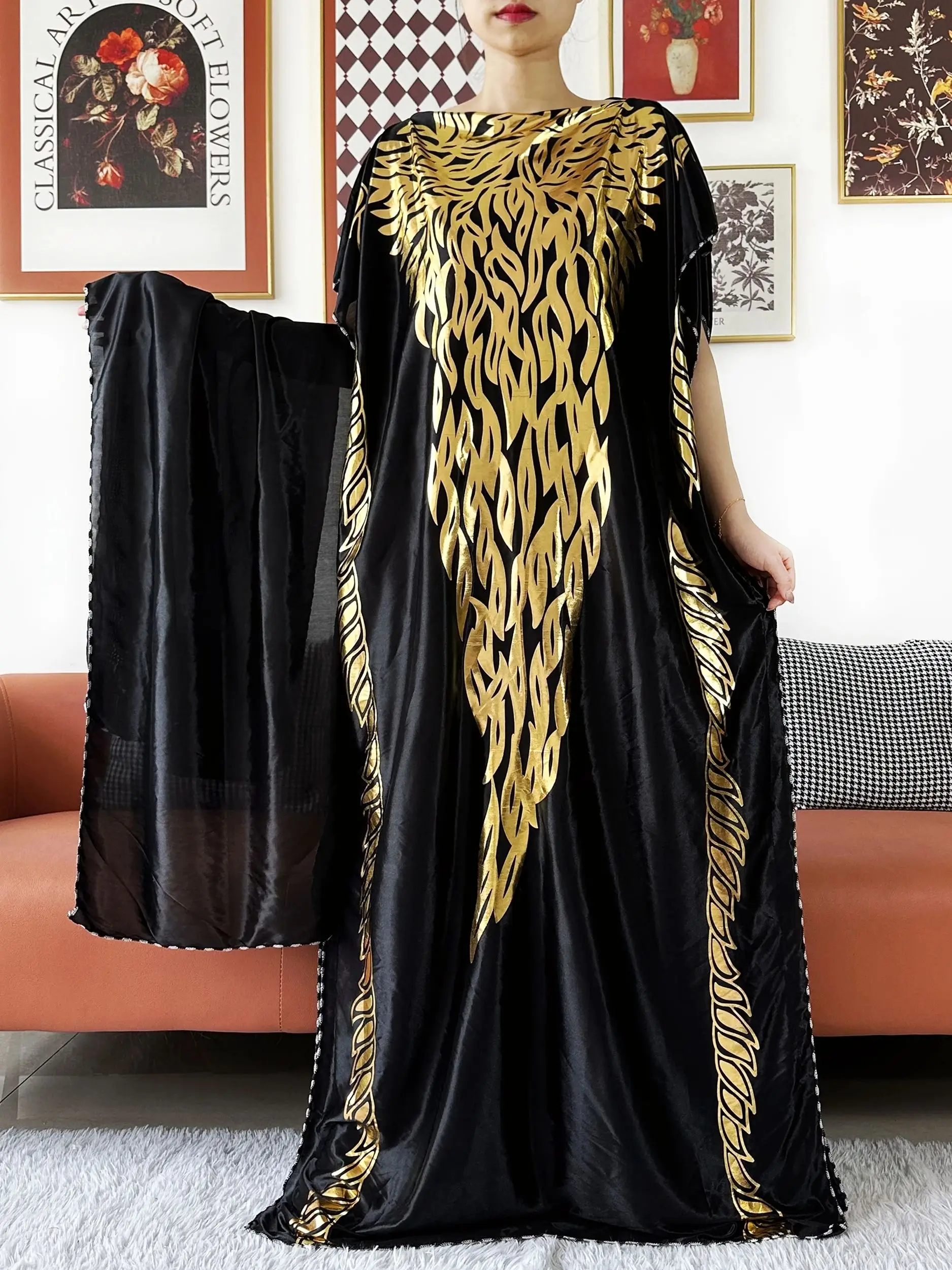 2025 African Summer Kaftan Muslim Women Maxi Loose Dress India Caftan Oiled Cloth Printing Africa Femme Maxi Casual Outfit