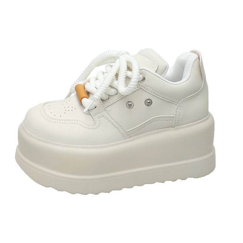 Women Leather Chunky Sneakers New Autumn High Platform Casual Shoes Lace-up Dad Sport Shoes Woman 8CM Wedge Vulcanized Dad Shoes
