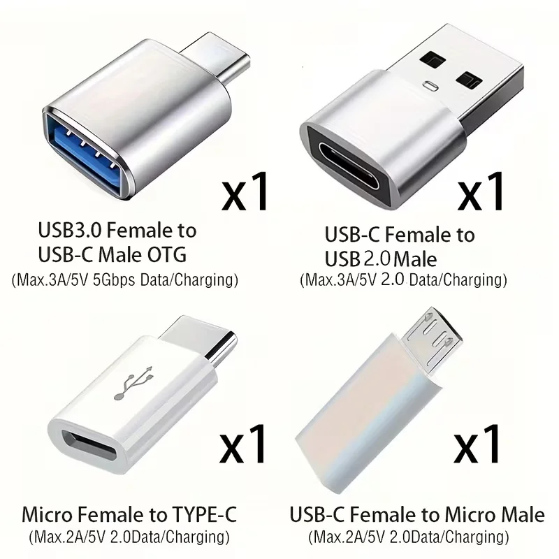 8개입 USB-C to A 남성형 충전기 OTG 컨버터, 마이크로 USB to 타입-C 어댑터 (고속 충전 및 데이터 전송용), USB OTG 어댑터, 미국형