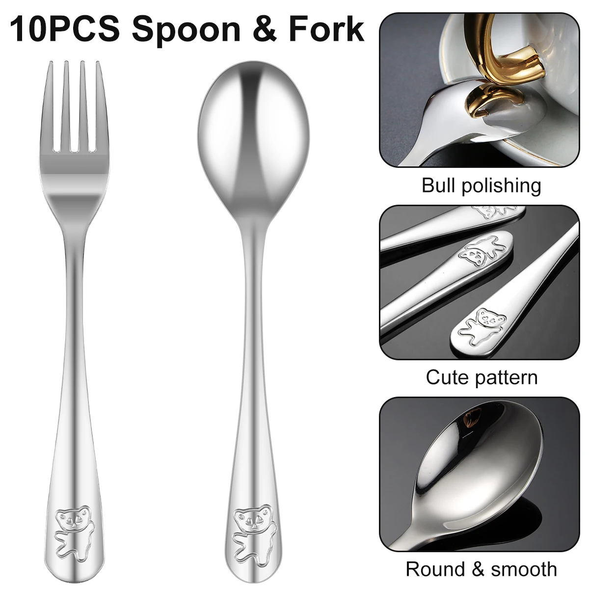 10Pcs Kids Fork and Spoon Set 410 Stainless Steel Kids Silverware Set Ergonomic Toddler Utensils Cute Cartoon Bear Kids Flatware
