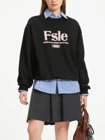 FSLE Office Lady Letter Printed Round Neck Hoodie for Women 2024 Autumn Collection New Retro Versatile Loose Top 24FS13242 2