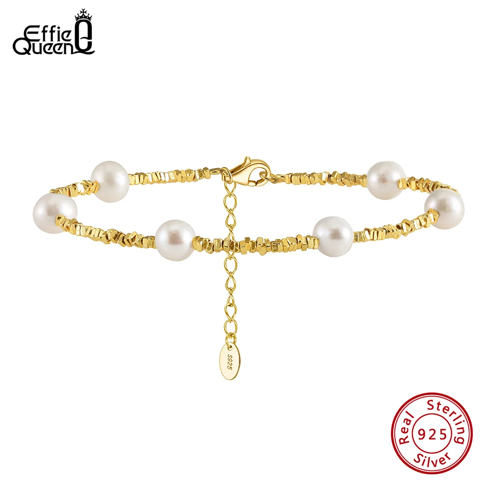 

EFFIE QUEEN Luxury 925 Sterling Silver Nugget Link Chain Bracelet with Natural Freshwater Pearl for Women Fashion Jewelry GPB28