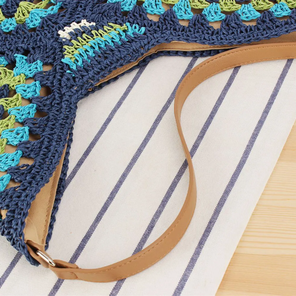 Women Summer Beach Bag Large Capacity Crochet Hobo Bags Hollow Out Handbags Patchwork Hasp Closure for Beach Vacation
