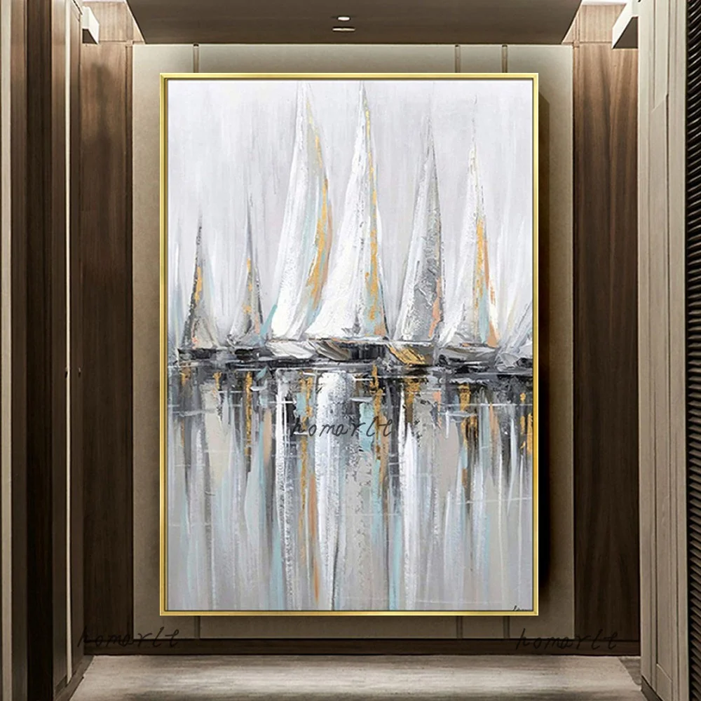 

100% Hand-Painted Silver Gray Abstract Oil Painting On Canvas Poster White Ship Artwrok Wall Art Picture For Living Room Decor