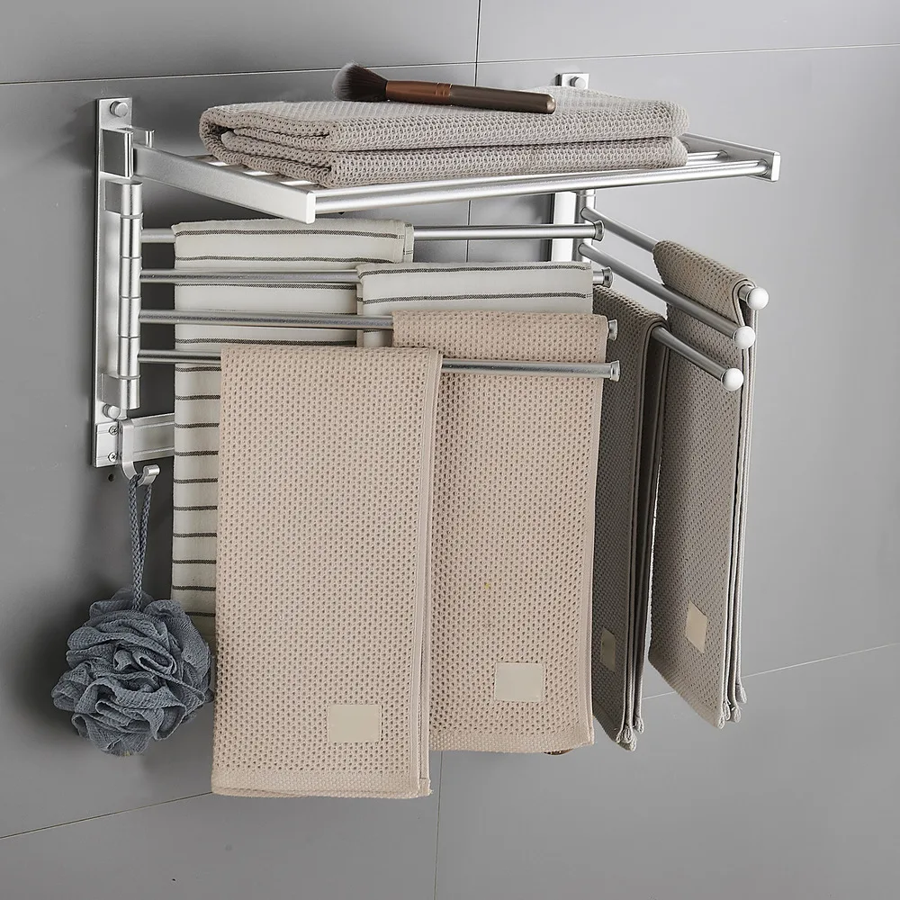Wall Mounted Towel Rack Laundry Towel Bar Holder Multifunctional 7 Swing Arms Movable Hooks Bathroom