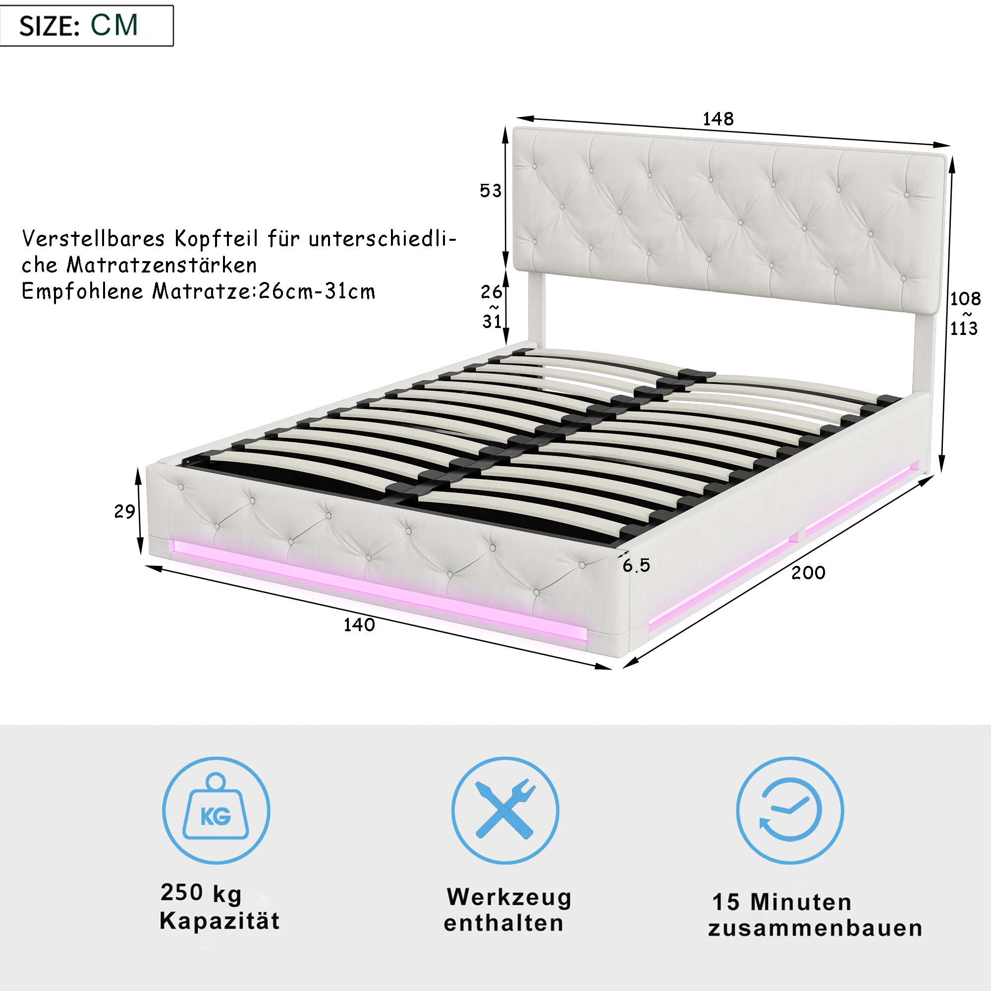 Creahappy Doppelbettgestell, 140 x 200 cm, gebrochenes weißes Leinenstoff, genietetes LED-Hydraulikbett + Seitenbett-Lichtleiste, segmentiert – Detail 2