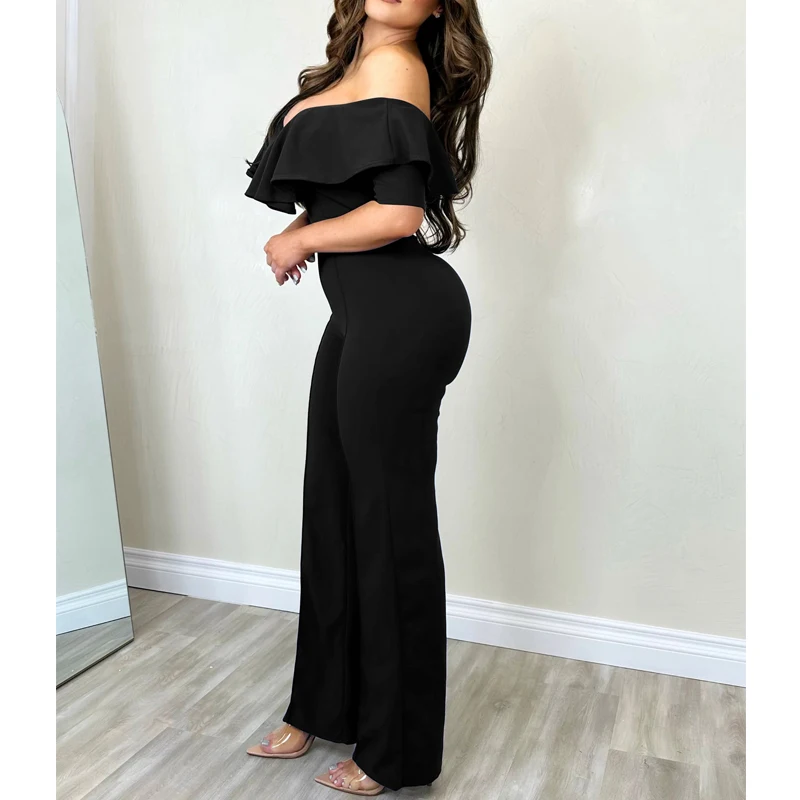 Women's Ruffle Sexy Deep V-neck Backless Elegant Party Jumpsuit Summer Fashion Solid Short Sleeve Slim Rompers High Waist Pants