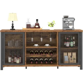 Industrial Style Coffee Bar Cabinet, Wine Rack Wine Cabinet, Wood Metal Dining Room Cabinet, Rustic Brown 55 Inch 1