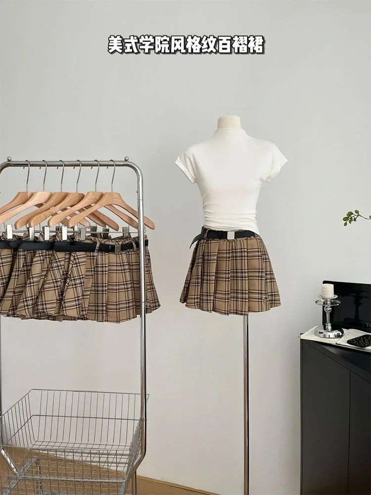 

Summer Women Korean Japanese Fashion Plaid Preppy Mini Skirt With Belt Cutecore Gyaru Coquette Harajuku 2000s Maillard Vintage