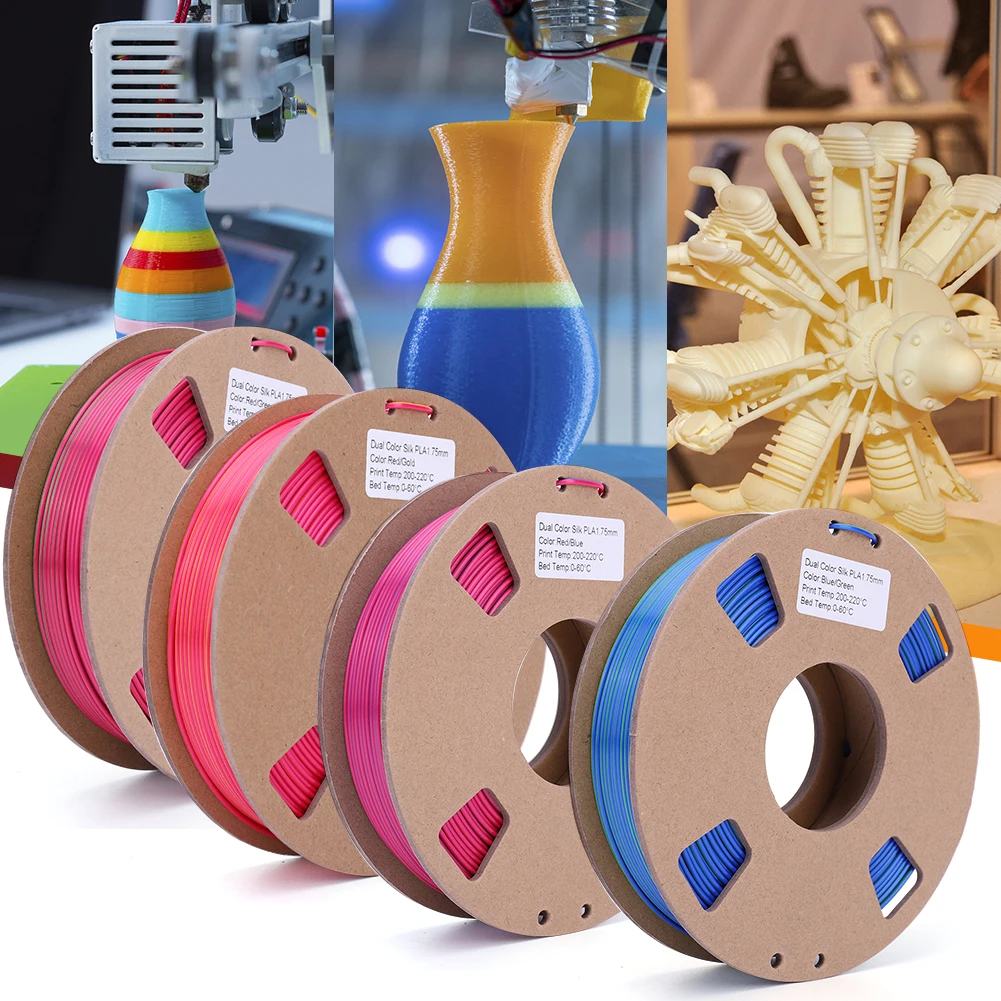 PLA 3D 프린터 필라멘트 번들, 듀얼 컬러, 1.75mm, 3D 인쇄 필라멘트 실크, 레드 블루, 4 스풀 팩, 실크 블랙 레드, 블랙 골드