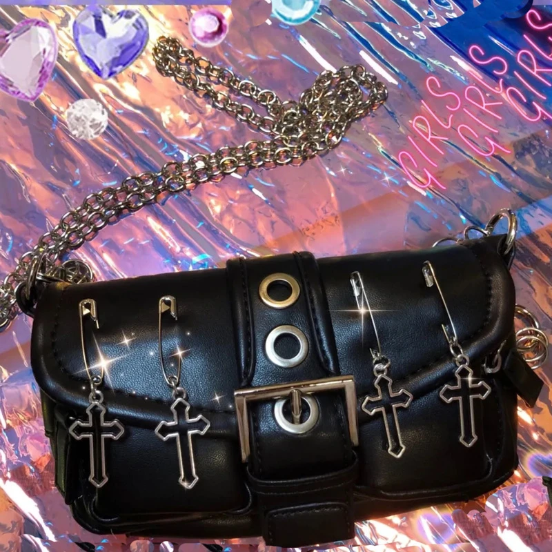 Xiuya Vintage Gothic Shoulder Bag Women 2022 Harajuku Punk Pin Cross Crossbody Bags Solid PU Leather Womens Handbag Pouch