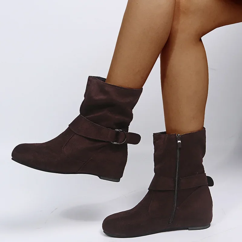 thumbnail image 4 of Botines esmerilados para mujer de piel suave con pliegues, botas cálidas, antideslizantes, cómodas, color morado, talla grande 43, para otoño e invierno 2024, 4 of 5